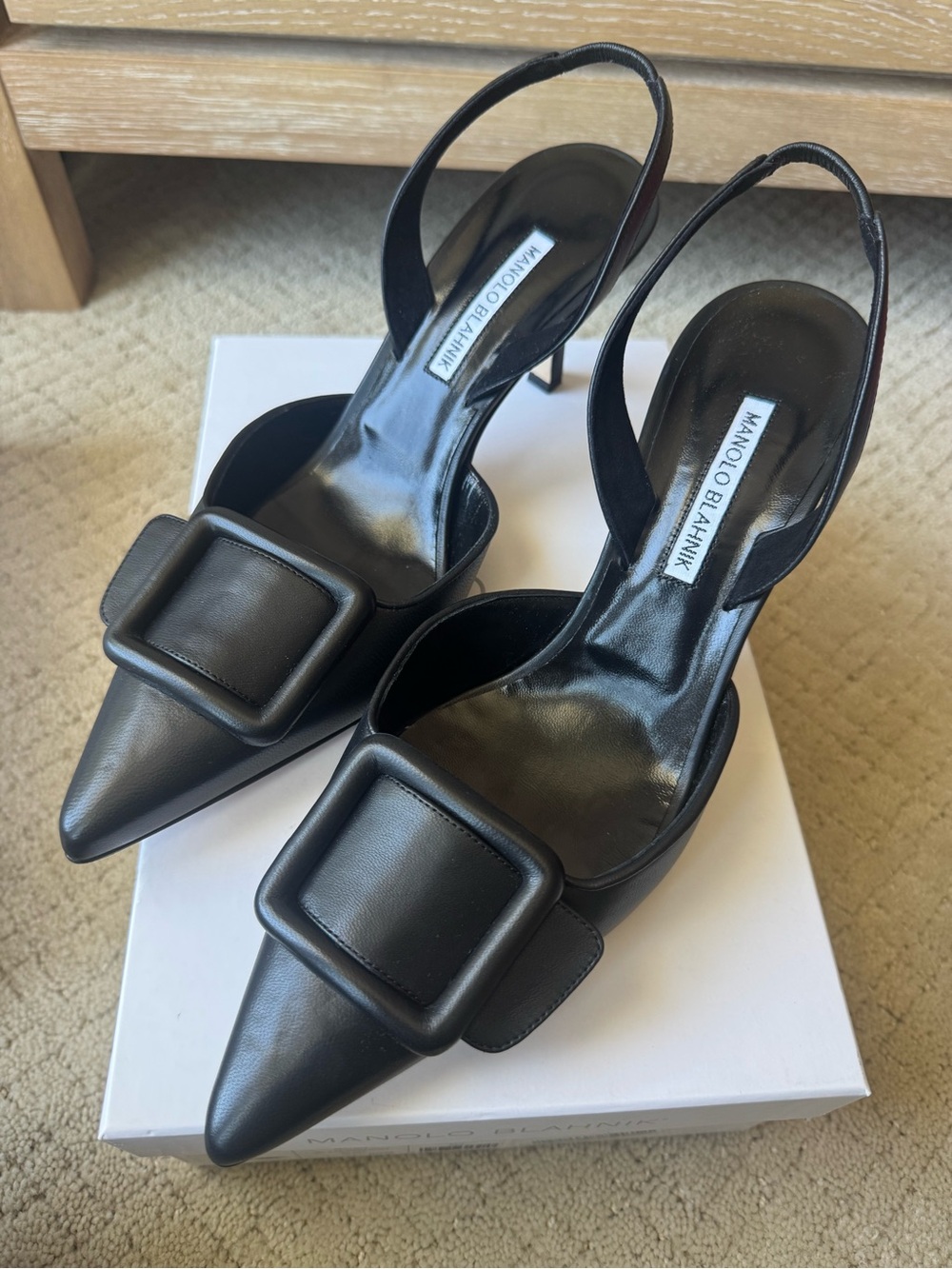 Manolo Blahnik Black Pointed Leather Slingback Pumps with Signature Buckle